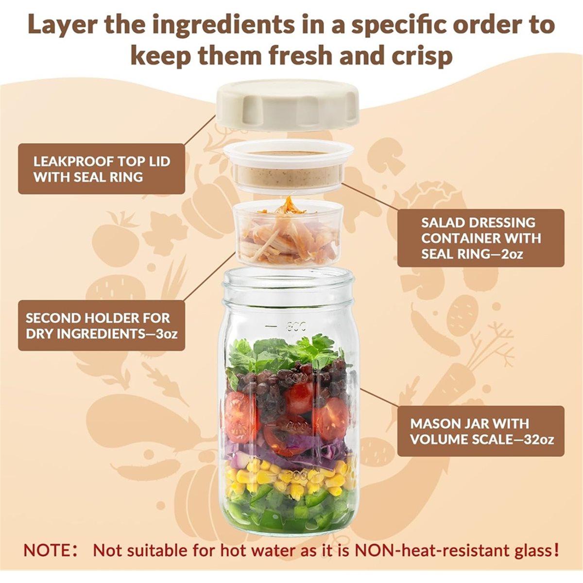 Meal Prep Jar Salad - A67T NUOVO Set di 4 Barattoli